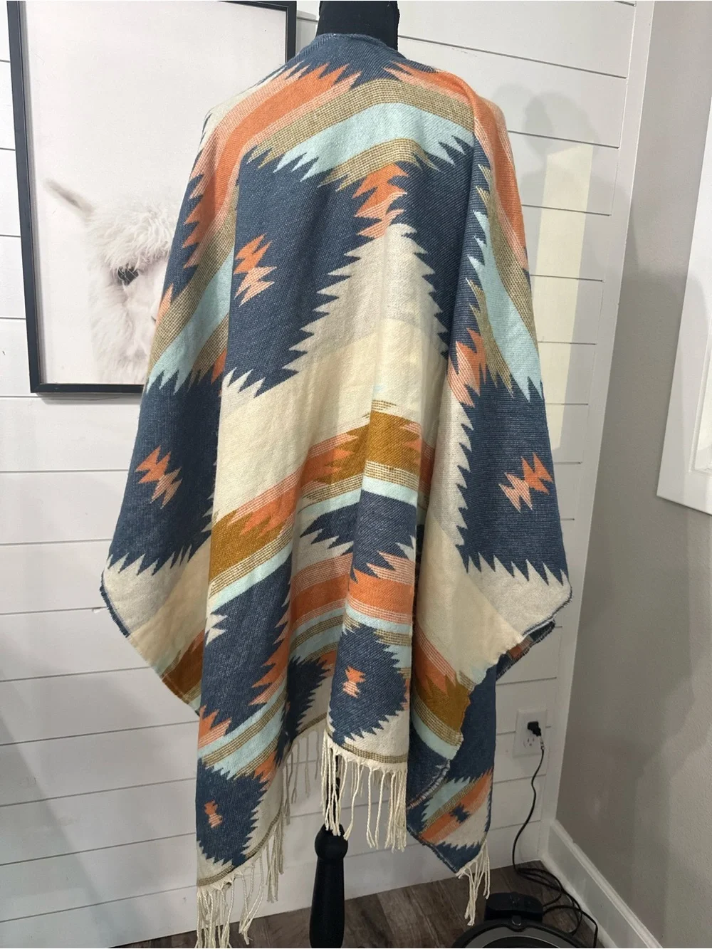 Boho Geometric Fringe Wrap in Cream, Navy & Rust